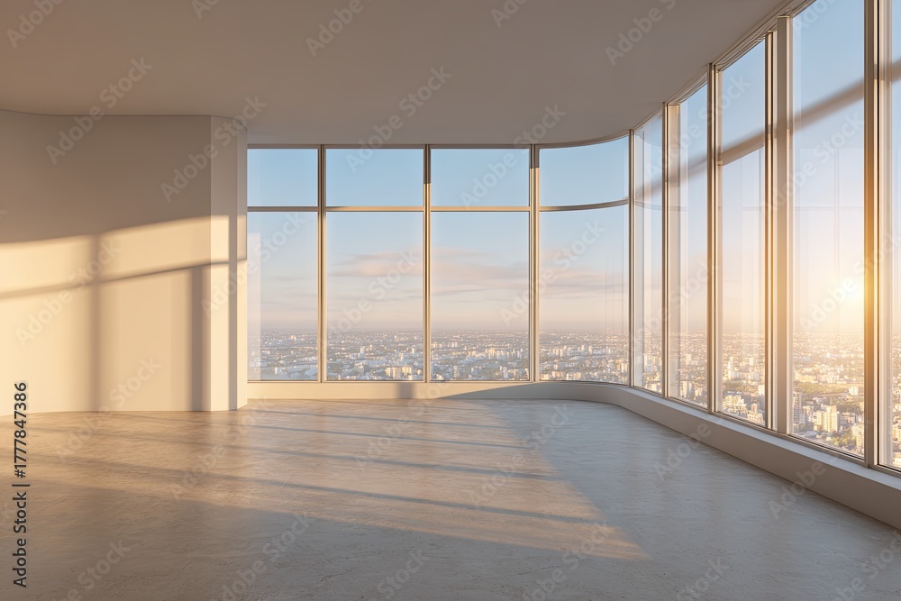 Obraz premium Expansive modern interior space offers panoramic city views through large curved windows during sunrise or sunset