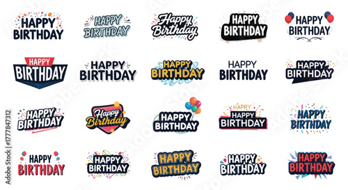 Vibrant happy birthday typography collection for invitations, cards, and celebrations creates festive atmosphere and joyful mood for special occasions