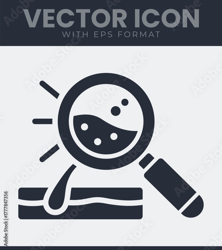 Scientific microscopic analysis icon, magnifying glass examining liquid surface for detailed examination and research