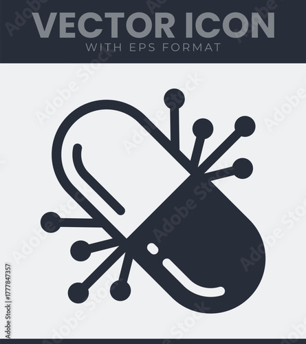 Abstract medical capsule icon with connecting dots and lines, symbolizing drug delivery, science, health, innovation