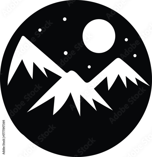Abstract Mountain Silhouette Under the Moonlit Night Sky with Stars - Vector Design