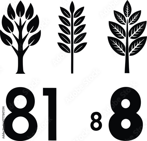 Collection of black silhouette tree and plant icons with bold numbers for graphic design elements