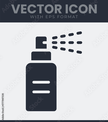 Spray bottle icon with mist emanating, depicting concepts of cleaning, disinfection, hydration, health, and freshening products