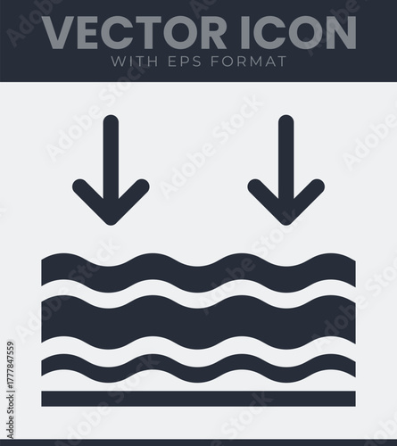 Liquid level decrease icon, indicating drainage, reduction, or lowering of fluid volume graphic representation for apps