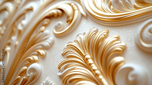 Golden Baroque Ornament on White Wall.
