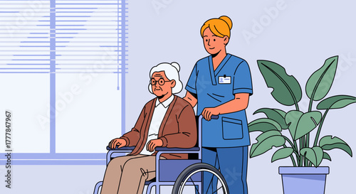 Nurse assisting elderly woman in wheelchair at home or care facility