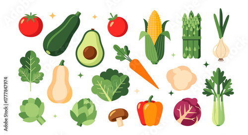 Vector art of a colorful assortment of fresh vegetables on a light background.