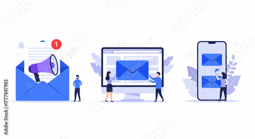 Email marketing and communication concept with people interacting with digital devices and messages