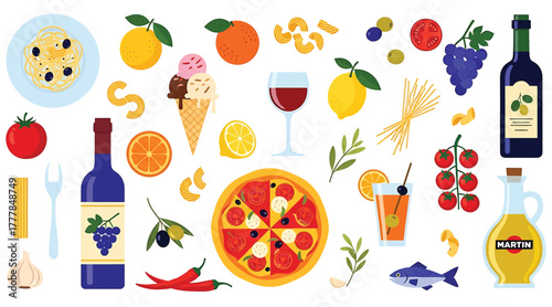 A vibrant and colorful still life showcasing the essence of italian cuisine, featuring an array of fresh ingredients, traditional dishes, and iconic beverages, all arranged in a delightful composition