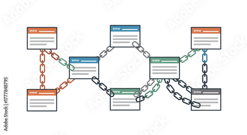 Interconnected web pages linked by chains, a flat vector illustration representing network connections