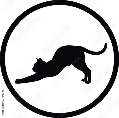 Vector stretching cat silhouette in circle for logo design illustration