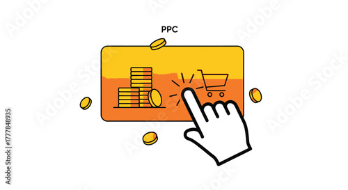 PPC advertising illustration showing cursor clicking on ad with coins vector design