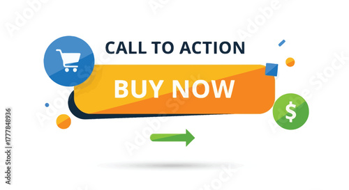 Modern flat vector illustration promoting buying with bright 'Buy Now' button