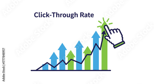 Ascending click-through rate illustration with hand cursor and rising arrow