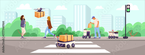 People interacting with delivery robots and drone on a city street with buildings and trees in background, concept of future urban logistics. Vector illustration