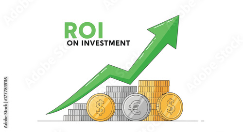 Visual representation of ROI improvement, depicted by upward arrow and currency