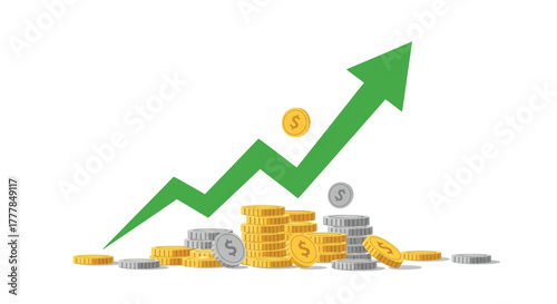 Financial growth concept with upward arrow and coin stacks illustration