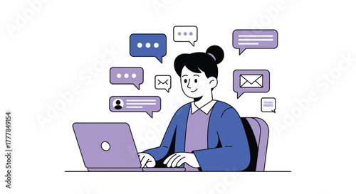 Community manager replying to comments and messages on a laptop, a simple flat design