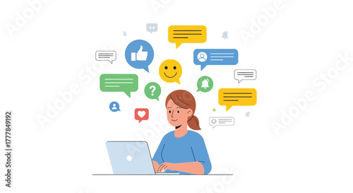 Engaged customer service representative managing online interactions with a laptop