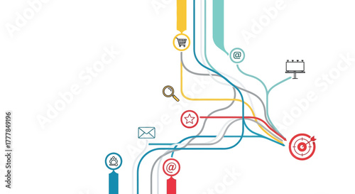 Flat vector illustration showing multi-channel attribution to a marketing target
