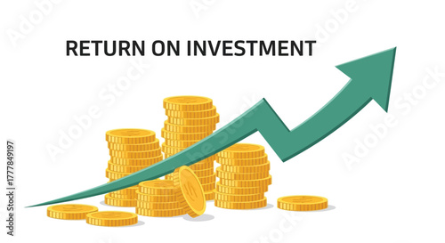 Illustrative diagram symbolizing increasing ROI with ascending arrow and coin stacks