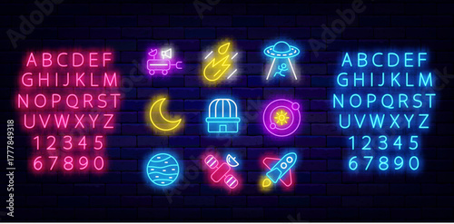Astronomy neon symbols collection. Observatory and moon. Rocket and planet. Editable stroke. Vector stock illustration