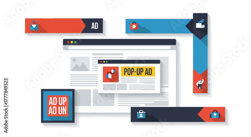 Website advertising mockup featuring diverse banner ads and a pop-up display
