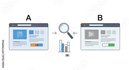 A minimalist flat illustration demonstrating A/B testing on web pages with data analysis