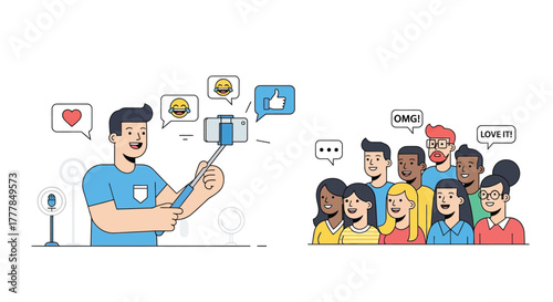 Vibrant influencer marketing illustration capturing content creation and audience interaction