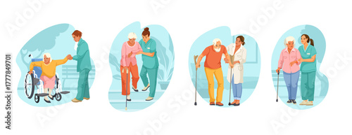 Elderly individuals assisted by caregivers during rehabilitation therapy, flat style, with abstract background. Concept of elderly care. Vector illustration