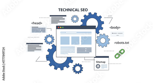 Technical SEO optimization illustrated by gears and coding elements around webpage