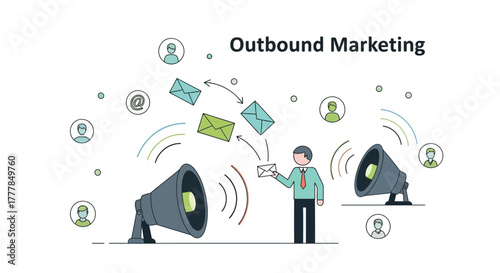 Outbound marketing campaign illustration featuring megaphones and email blasts