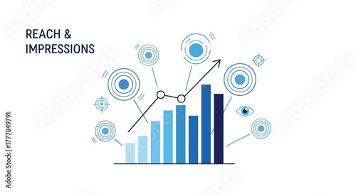 Flat vector illustration showcasing reach and impressions, with bar graphs indicating growth