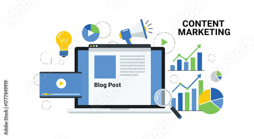 Modern flat vector illustration depicting diverse elements of content marketing strategy