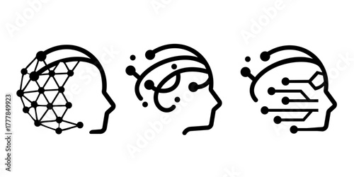 AI brain head profiles. Digital technology neural network icons set. Artificial intelligence concepts.