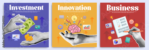 Business, finance and marketing banner with halftone hand, torn paper and infographic icon. Money investment concept web background. Social media post of brainstorm idea with comic light bulb sticker.