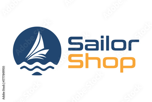 Elegant vector logo for 'Sailor Shop' featuring sailboat icon on blue waves. Modern typography complements marine theme.