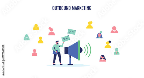 Flat Vector Illustration of Outbound Marketing Strategy with Broad Audience Reach