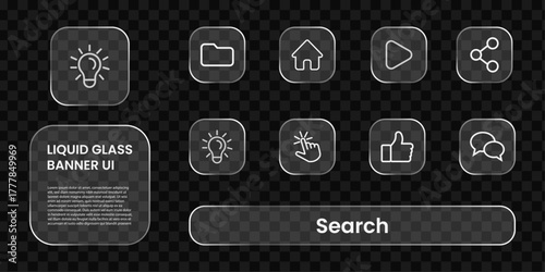 User interface design featuring a liquid glass effect. Includes a set of app icons, informative banner, and a search bar on transparent dark background.