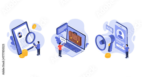 Isometric illustration of recruitment process, job search, and online hiring