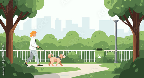 A person walks their dog on a leash in a park with trees and a city skyline in the background