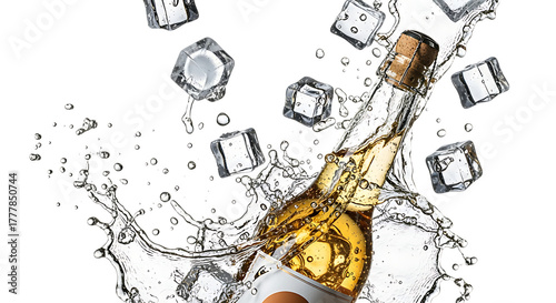 A bottle of sparkling wine erupts with effervescence, surrounded by floating ice cubes against a clean transparent background, capturing the celebration and luxury isolated on transparent background