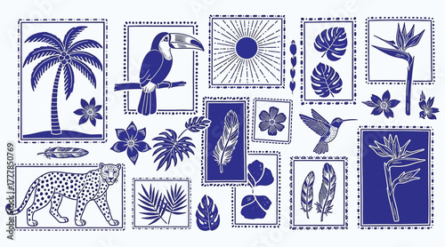 A vibrant collection of tropical flora and fauna illustrations, featuring toucans, palm trees, and exotic flowers isolated on white background