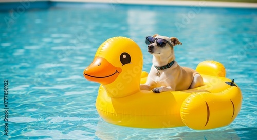 Cachorro de óculos relaxando em boia inflável amarela de pato na piscina azul – conceito divertido de verão e lazer