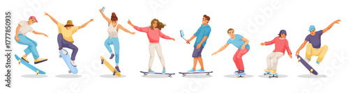 Group of young skateboarders performing tricks and riding skateboards, dynamic cartoon style on white background. Concept of youth activity. Vector illustration