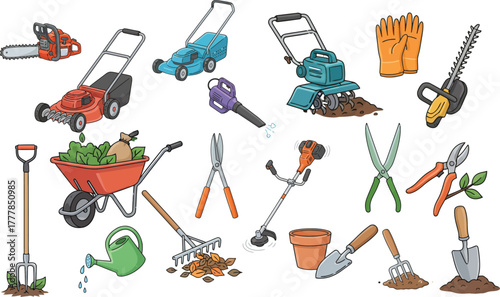 Garden Tools Vector Set – Lawn Mower, Shovel, Wheelbarrow, Pruning Shears, Gardening Equipment Icons