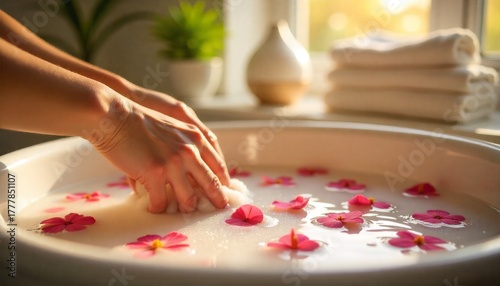 Close-up of female hands gently placing a washcloth into a serene milky bath filled with pink flower petals under soft golden light