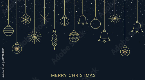 Elegant christmas ornaments on dark blue background a festive design with golden baubles, stars, bells, and snowflakes for holiday greetings and celebrations