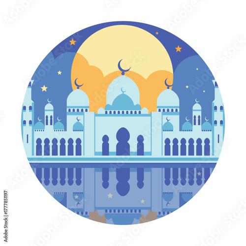 Circle Icon with Mosque in Abu Dhabi at Night