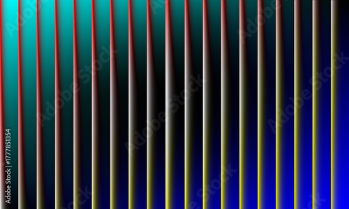 A mesmerizing display of vertical lines creates a captivating visual experience, with a gradient of colors shifting from vibrant turquoise to deep blue, accented by subtle red and yellow hues